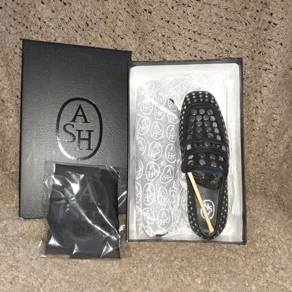 ASH-ONO-Black Leather-Silver Studded Loafers-Size 37-6.5-New In Box/Dustbag - Picture 1 of 9
